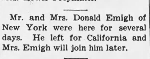 Herald Bulletin, Burley ID 6-24-1947 - Mr. and Mrs. Donald Emigh visit Burley. Donald and Margaret Hill Emigh of New York visit Burley for several days. Donald left for California and Margaret will join him there later.